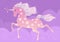 Vector Pink Unicorn in the apples on the background of purple clouds