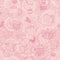 Vector pink vintage seamless pattern background with teapots teacups butterflies cakes and doilies backdrop.