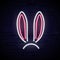 Vector pink and white neon rabbit ears isolated on dark brick background.