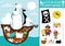 Vector pirate cut and glue activity. Crafting game with cute sea landscape and ship interior. Fun treasure island printable