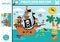 Vector pirate searching game with sea landscape. Spot hidden coins in the picture. Simple treasure island seek and find