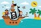 Vector pirate ship scene. Raider vessel with pirates sailing to the treasure island with palm trees. Treasure hunt illustration