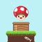 Vector pixel art  8 bit game scene with mushroom. Pixelart jumping mushroom for game.