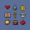 Vector pixel art illustration icon set - treasure chest, skull, magic potion, red heart, red apple, key, gold coin, old