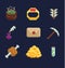 Vector pixel art illustration icons for fantasy adventure game development, ring, food, arrow, potion, inkwell, boiler