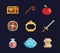 Vector pixel art illustration isons for fantasy adventure game development, magic staff, sword, food, chest, spell, ring