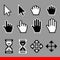 Vector pixel computer cursor icons set. Arrow, pointer, palm, drag, move, hourglass, hand cursor
