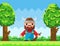 Vector pixel-game character brave viking. Pixelated bearded man with club in nature landscape