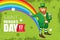 Vector placard with outline Leprechaun with beer glass and rainbow on the green background. Mythology fairy character from Ireland