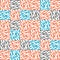 Vector plaid fabric weave seamless pattern background. Small orange, blue, gray squares geometric cloth backdrop