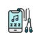 Vector player with headphones flat color icon.