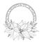 Vector Poinsettia or Christmas Star, leaves and ornate round frame isolated on white. Outline Poinsettia flower for winter