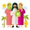 Vector Polygamy. Saudi man and his harem. Flat style colorful Cartoon illustration.
