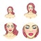 Vector pop art avatar, icon - woman s face with colored dyed hair, bright makeup for chat, blog, networking.