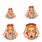 Vector pop art avatar of shocked, surprised blonde girl with opened mouth in casual clothing. Icon for blog, chat