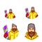 Vector pop art avatar of snowboarder, icon of cartoon bearded man in snowboarding suit, holding snowboard for chat, blog