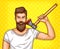 Vector pop art brutal bearded man, macho with an ax in his hand