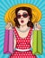 Vector pop art comic style illustration of a beautiful young woman keep shopping bags in her hands.