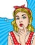 Vector pop art comic style illustration of a beautiful young woman is thinking and keep finger near her mouth.
