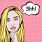 Vector pop art comic woman holding finger on lips for Quiet silence. Woman with message Shhh for stop talk, mouth shut