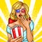 Vector pop art excited blond woman sitting in the auditorium and watching a 3D movie.