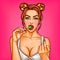 Vector pop art girl sucks lollipop and beckons