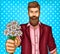 Vector pop art illustration of a brutal bearded man, macho with bouquet of chamomiles