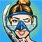 Vector pop art illustration of woman in scuba diving equipment