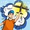 Vector pop art illustration of young boy launching rc plane