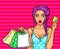 Vector pop art illustration of a young girl holding shopping bags and credit card.