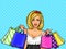 Vector pop art illustration of a young happy girl holding shopping bags.