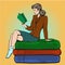 Vector pop art illustration of young woman reading book