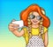 Vector pop art little girl in sunglasses and vintage hat makes selfie