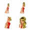 Vector pop art social network user avatars of young blonde girl in red dress holding hand. Retro sketch profile icons