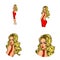 Vector pop art social network user avatars of young blonde girl in red dress turned back head. Retro sketch profile