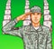 Vector pop art soldier render military salute on the background of rows of grave stones with national flags