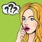 Vector pop art stupid woman face with question marks. Blonde thinking woman with open mouth comics style illustration