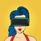 Vector pop art surprised woman wearing virtual reality glasses.