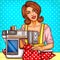 Vector pop art woman seamstress sews on machine