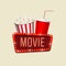 Vector pop corn basket, red cola cup and movie sign on light background. Cinema banner template.