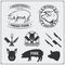 Vector pork meat labels and design elements. Butcher`s business logos. Silhouettes of pig and cutlery.