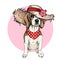 Vector portrait of beagle dog wearing straw hat, flower and polka dot bandana. Summer fashion cartoon illustration. Hand