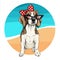 Vector portrait of beagle dog wearing sunglasses and retro bow. Summer fashion illustration. Vacation, sea, beach, ocean