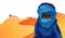 Vector portrait of beautiful woman wearing blue tuareg scarf. Young girl in national costume of african tribal nomads Sahara