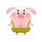 Vector portrait of cute smiling little pig character in green pants in flat cartoon style standing on white background.