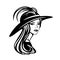 Vector portrait of elegant woman with long hair wearing wide hat with feathers