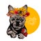 Vector portrait of french Bulldog dog wearing autumn leaves crown. Hello fall illustration. Oak, maple, chestnut, rowen