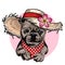 Vector portrait of French bulldog dog wearing straw hat, flower and polka dot bandana. Summer fashion illustration. Hand