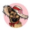 Vector portrait of german shepherd dog wearing straw hat, flower and polka dot bandana. Summer fashion illustration