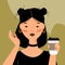 Vector portrait of a gothic girl in flat style. The hipster girl drinks coffee from a cardboard cup.